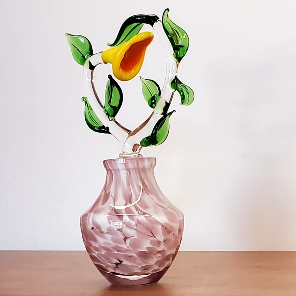 Vintage Handblown Glass Perfume Bottle+Orchard/Leaves Stopper, EUC